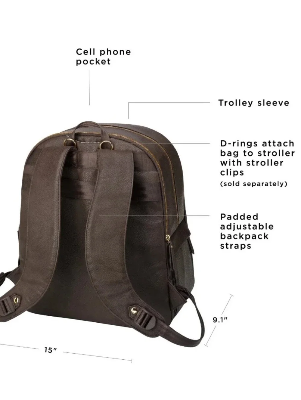 Petunia Pickle Bottom Brown Leatherette Backpack Diaper Bag.